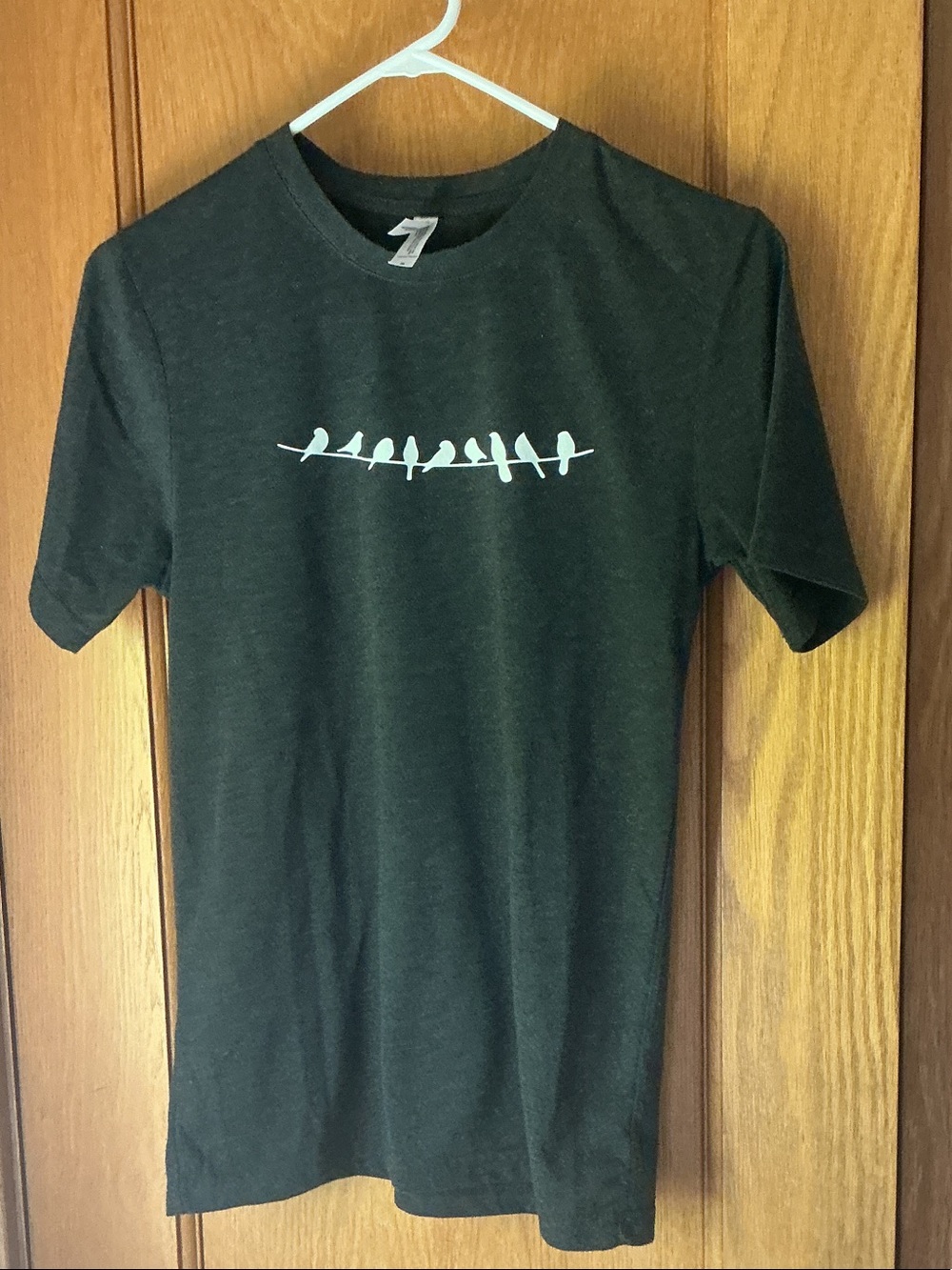 Dark gray ladies t-shirt with "birds on a wire" graphic - S